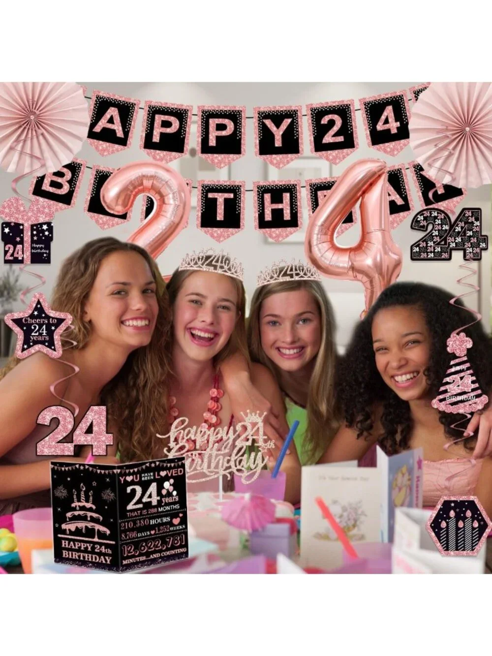 24th Birthday Party Decorations Set - Backdrop, Crown, Sash, Balloons & More!